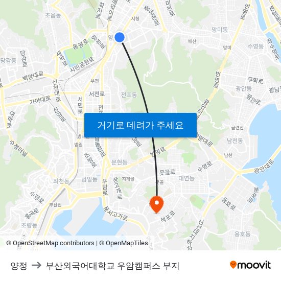 양정 to 부산외국어대학교 우암캠퍼스 부지 map