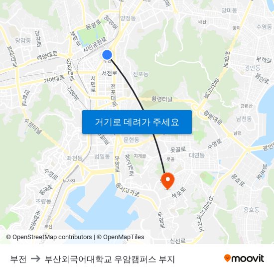부전 to 부산외국어대학교 우암캠퍼스 부지 map