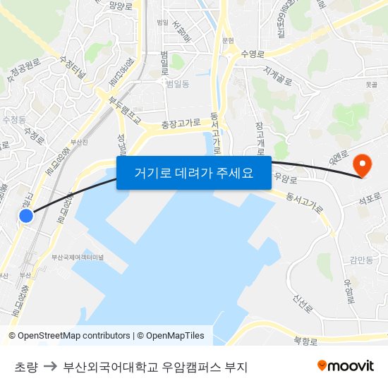 초량 to 부산외국어대학교 우암캠퍼스 부지 map