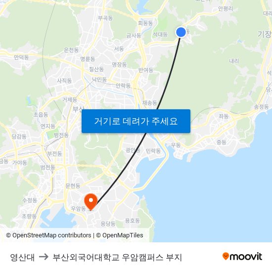 영산대 to 부산외국어대학교 우암캠퍼스 부지 map