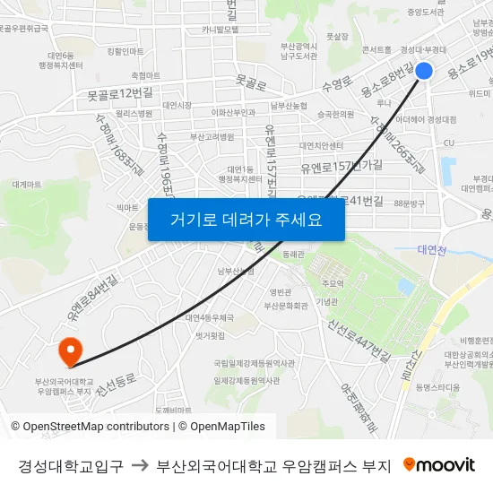 경성대학교입구 to 부산외국어대학교 우암캠퍼스 부지 map