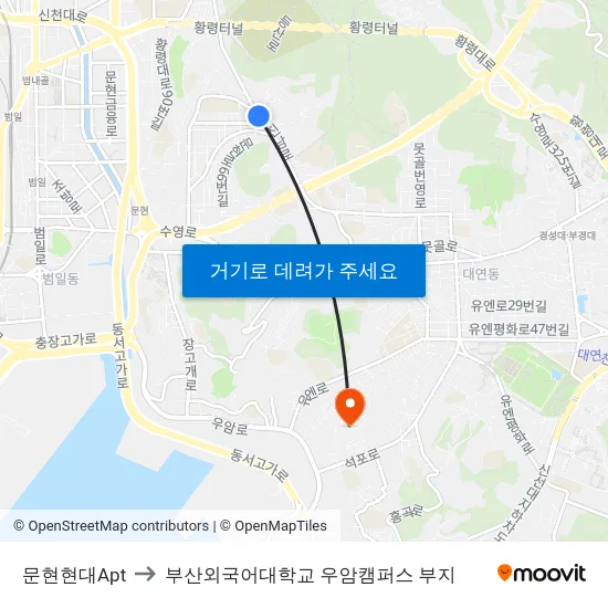 문현현대Apt to 부산외국어대학교 우암캠퍼스 부지 map