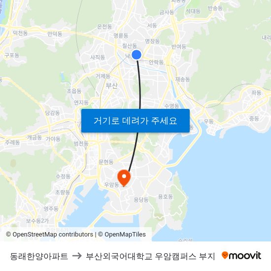 동래한양아파트 to 부산외국어대학교 우암캠퍼스 부지 map