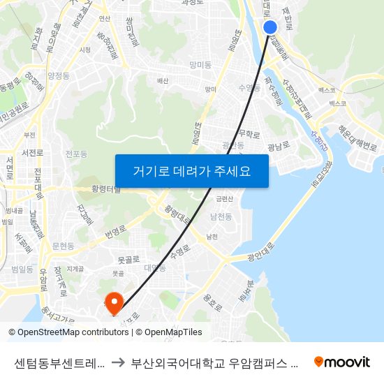 센텀동부센트레빌 to 부산외국어대학교 우암캠퍼스 부지 map