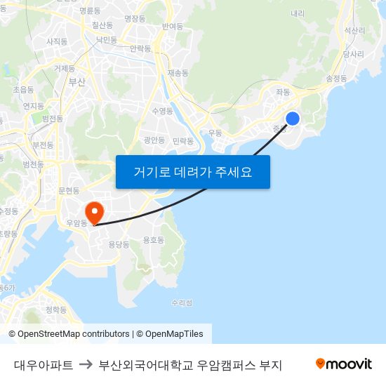 대우아파트 to 부산외국어대학교 우암캠퍼스 부지 map