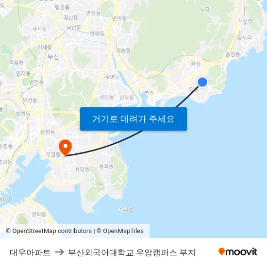 대우아파트 to 부산외국어대학교 우암캠퍼스 부지 map