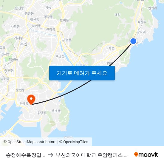 송정해수욕장입구 to 부산외국어대학교 우암캠퍼스 부지 map