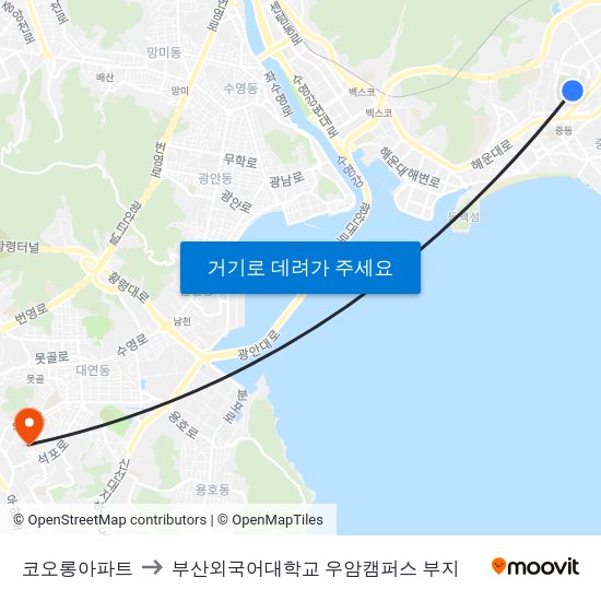 코오롱아파트 to 부산외국어대학교 우암캠퍼스 부지 map