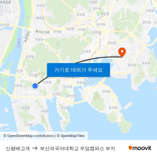 신평배고개 to 부산외국어대학교 우암캠퍼스 부지 map