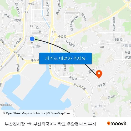 부산진시장 to 부산외국어대학교 우암캠퍼스 부지 map