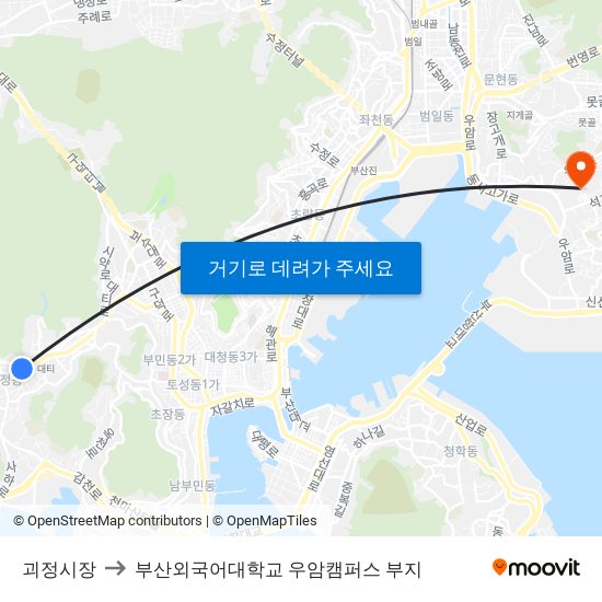 괴정시장 to 부산외국어대학교 우암캠퍼스 부지 map