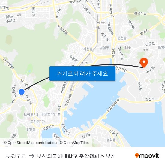 부경고교 to 부산외국어대학교 우암캠퍼스 부지 map