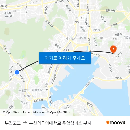 부경고교 to 부산외국어대학교 우암캠퍼스 부지 map