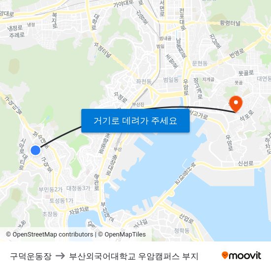 구덕운동장 to 부산외국어대학교 우암캠퍼스 부지 map
