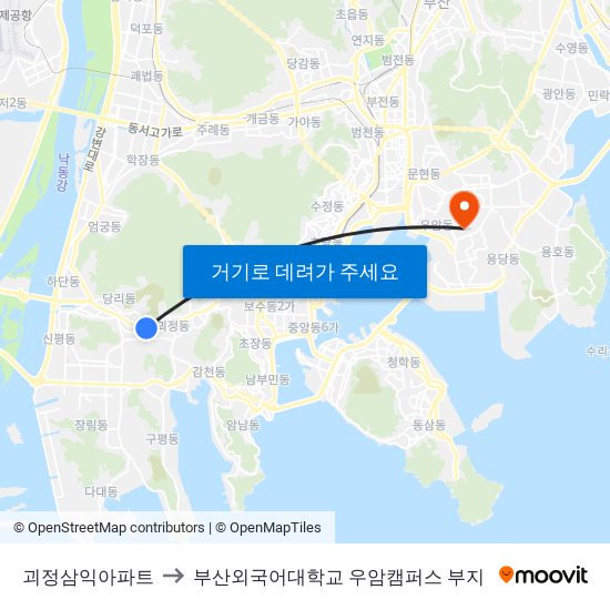 괴정삼익아파트 to 부산외국어대학교 우암캠퍼스 부지 map