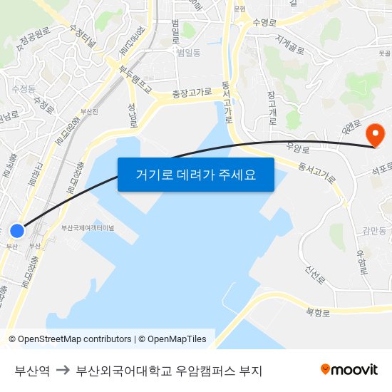 부산역 to 부산외국어대학교 우암캠퍼스 부지 map