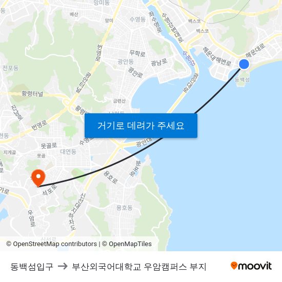 동백섬입구 to 부산외국어대학교 우암캠퍼스 부지 map