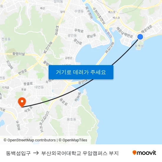 동백섬입구 to 부산외국어대학교 우암캠퍼스 부지 map
