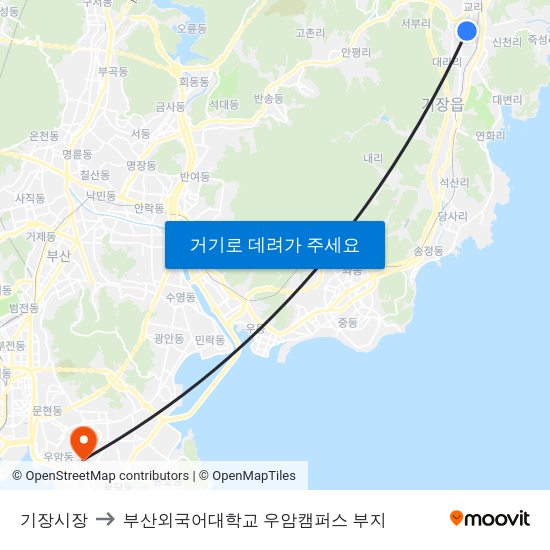 기장시장 to 부산외국어대학교 우암캠퍼스 부지 map