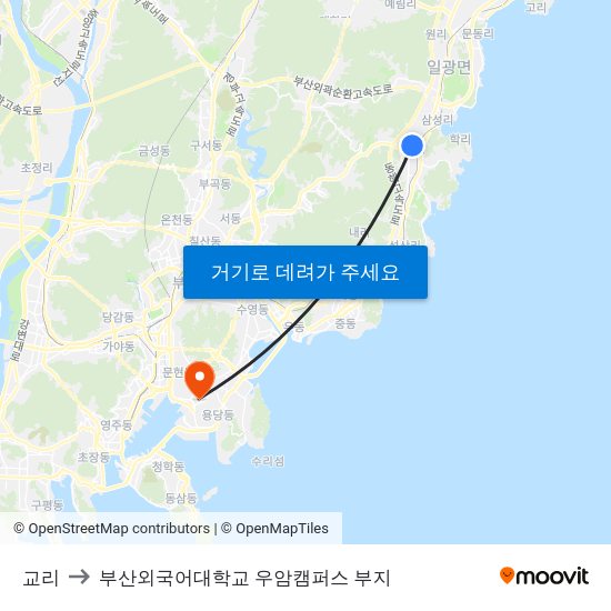 교리 to 부산외국어대학교 우암캠퍼스 부지 map