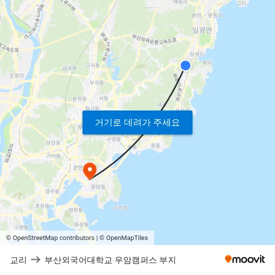 교리 to 부산외국어대학교 우암캠퍼스 부지 map