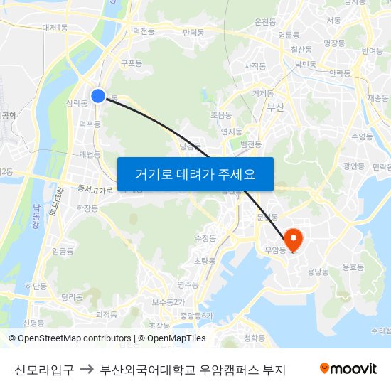 신모라입구 to 부산외국어대학교 우암캠퍼스 부지 map