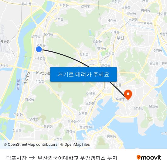 덕포시장 to 부산외국어대학교 우암캠퍼스 부지 map