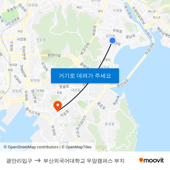광안리입구 to 부산외국어대학교 우암캠퍼스 부지 map