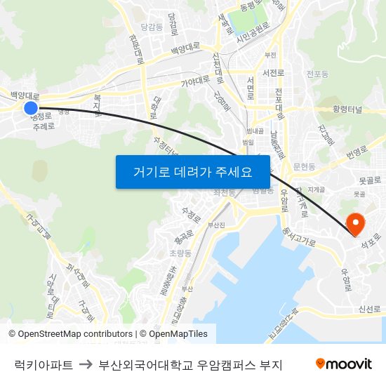 럭키아파트 to 부산외국어대학교 우암캠퍼스 부지 map