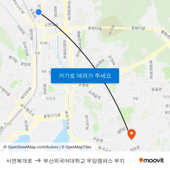 서면복개로 to 부산외국어대학교 우암캠퍼스 부지 map
