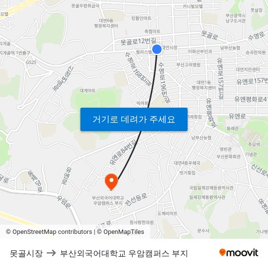 못골시장 to 부산외국어대학교 우암캠퍼스 부지 map