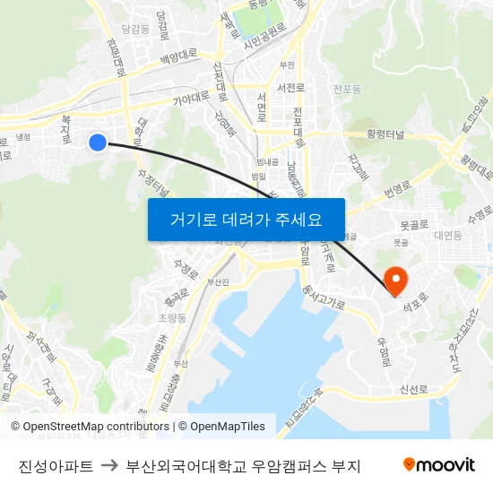 진성아파트 to 부산외국어대학교 우암캠퍼스 부지 map