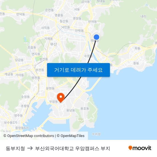 동부지청 to 부산외국어대학교 우암캠퍼스 부지 map