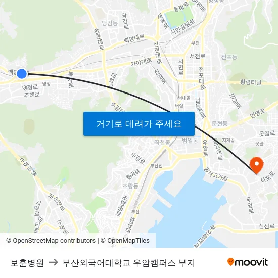 보훈병원 to 부산외국어대학교 우암캠퍼스 부지 map