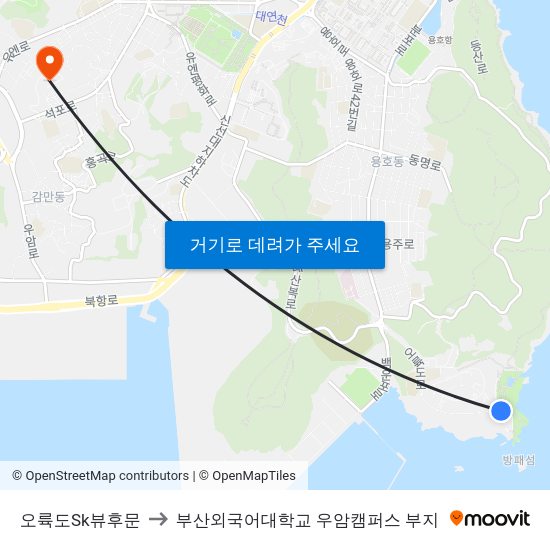 오륙도Sk뷰후문 to 부산외국어대학교 우암캠퍼스 부지 map