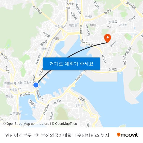 연안여객부두 to 부산외국어대학교 우암캠퍼스 부지 map