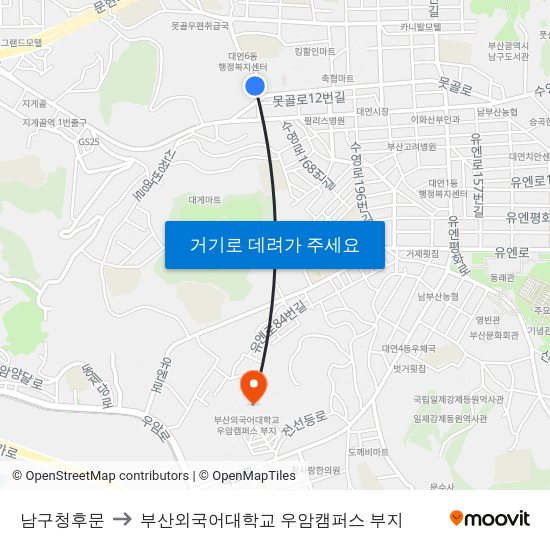남구청후문 to 부산외국어대학교 우암캠퍼스 부지 map