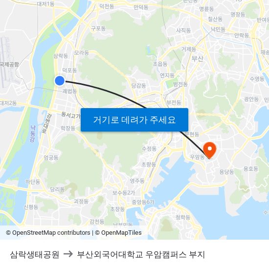 삼락생태공원 to 부산외국어대학교 우암캠퍼스 부지 map