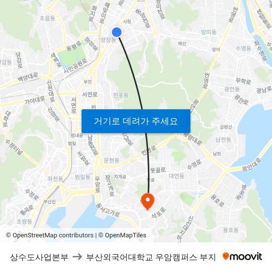 상수도사업본부 to 부산외국어대학교 우암캠퍼스 부지 map