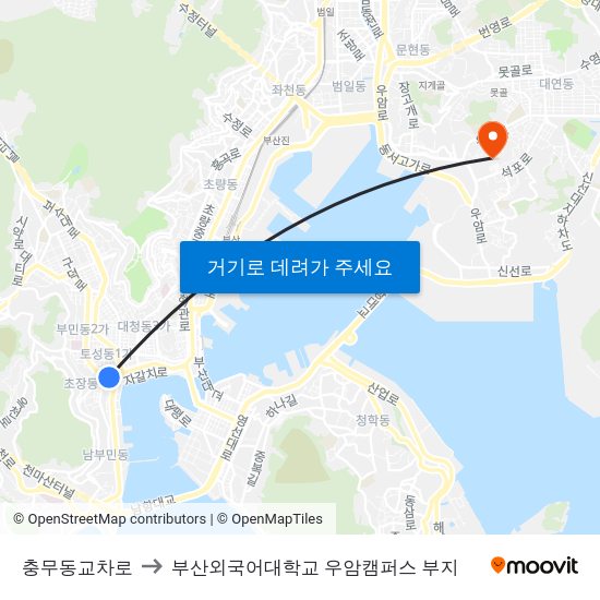 충무동교차로 to 부산외국어대학교 우암캠퍼스 부지 map