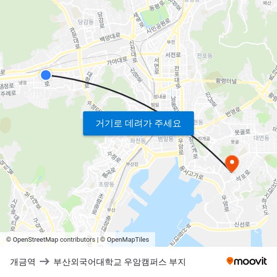 개금역 to 부산외국어대학교 우암캠퍼스 부지 map