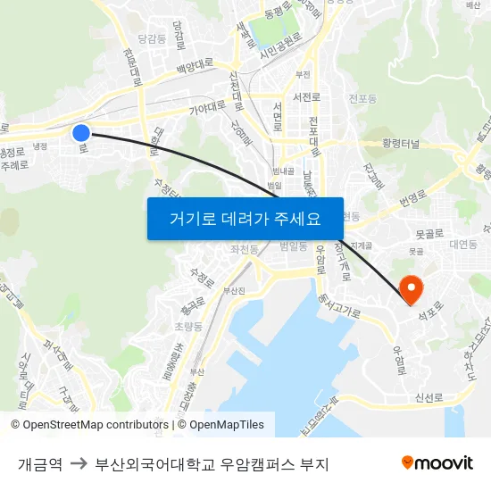 개금역 to 부산외국어대학교 우암캠퍼스 부지 map