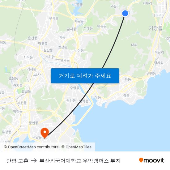 안평 고촌 to 부산외국어대학교 우암캠퍼스 부지 map