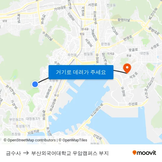 금수사 to 부산외국어대학교 우암캠퍼스 부지 map