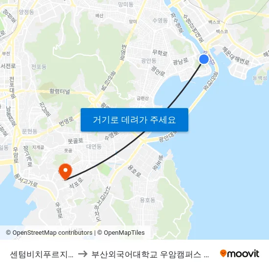 센텀비치푸르지오 to 부산외국어대학교 우암캠퍼스 부지 map
