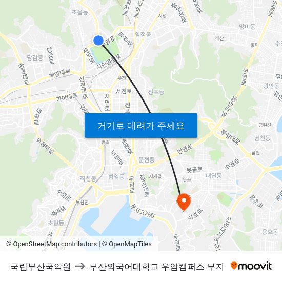 국립부산국악원 to 부산외국어대학교 우암캠퍼스 부지 map