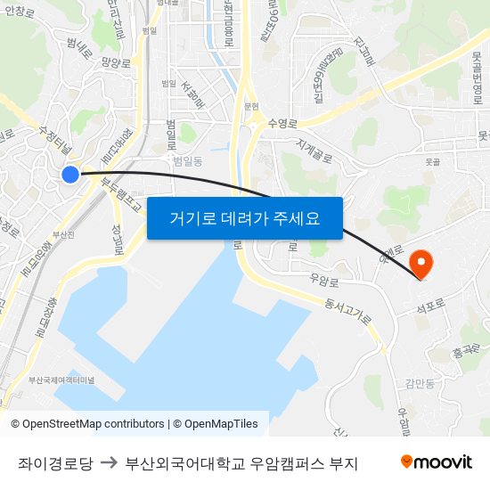 좌이경로당 to 부산외국어대학교 우암캠퍼스 부지 map