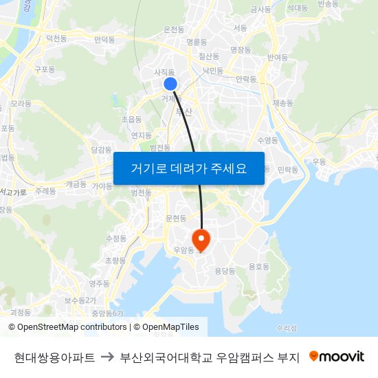 현대쌍용아파트 to 부산외국어대학교 우암캠퍼스 부지 map