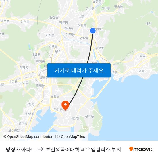 명장Sk아파트 to 부산외국어대학교 우암캠퍼스 부지 map
