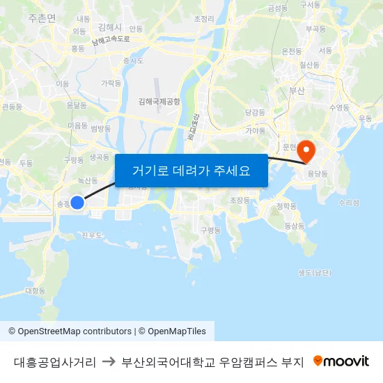 대흥공업사거리 to 부산외국어대학교 우암캠퍼스 부지 map